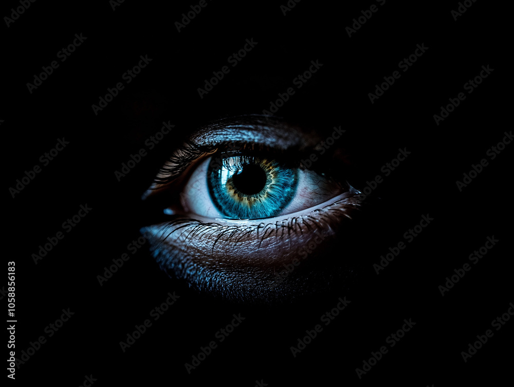 A close-up of a single eye gazing intensely in the dark, evoking mystery, introspection, and depth, set against a black background for dramatic effect. A close-up of a single eye gazing intensely in the dark, evoking mystery, introspection, and depth, set against a black background for dramatic effect.
