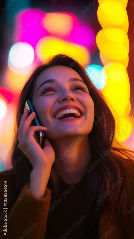 A joyful young woman laughs while talking on her smartphone, standing against a colorful bokeh background. Vibrant, lively, and cheerful scene. A joyful young woman laughs while talking on her smartphone, standing against a colorful bokeh background. Vibrant, lively, and cheerful scene.