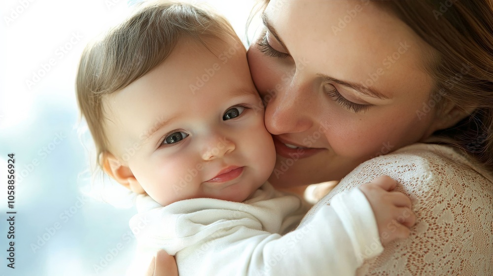 A mother holding her baby close, both with calm expressions, showing secure attachment A mother holding her baby close, both with calm expressions, showing secure attachment
