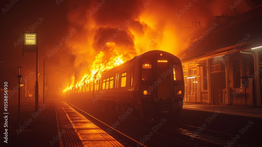 Naklejka premium The train consumed by fire, a malevolent force of nature unleashed upon the unsuspecting station, a tragedy of epic proportions that blazes a path of destruction through the very heart of civilization
