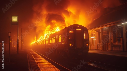 The train consumed by fire, a malevolent force of nature unleashed upon the unsuspecting station, a tragedy of epic proportions that blazes a path of destruction through the very heart of civilization photo