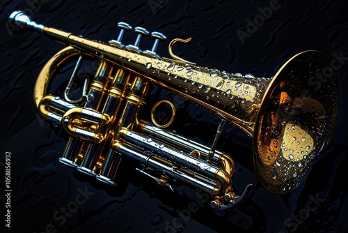 Black wet fluegelhorn with water droplets