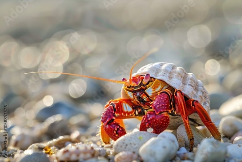 Coenobita perlatus scavenger crawls on rocky beach photo