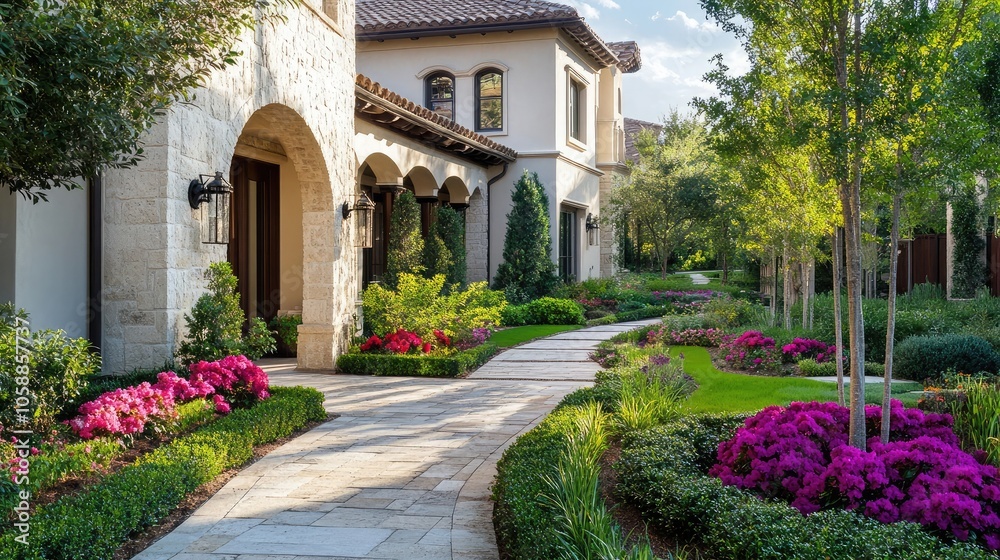A stone pathway winds through a lush, meticulously landscaped garden leading to a grand house. A stone pathway winds through a lush, meticulously landscaped garden leading to a grand house.