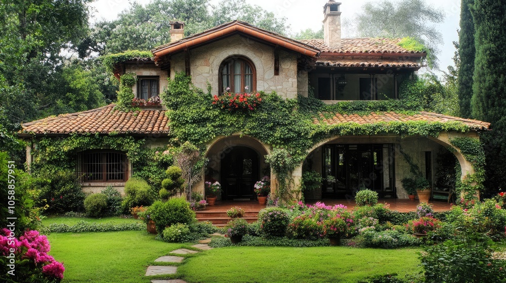 A beautiful stone house with a lush green ivy covering the exterior, creating a charming and inviting facade. A beautiful stone house with a lush green ivy covering the exterior, creating a charming and inviting facade.