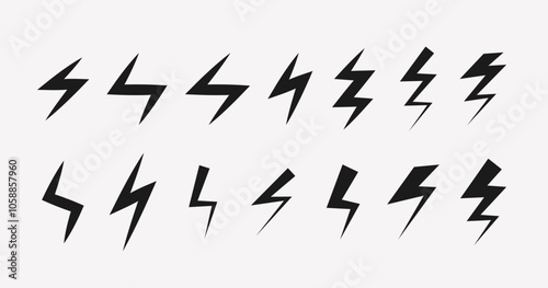 Collection of vector icons: lightning bolt, electrifying energy, isolated on white background.