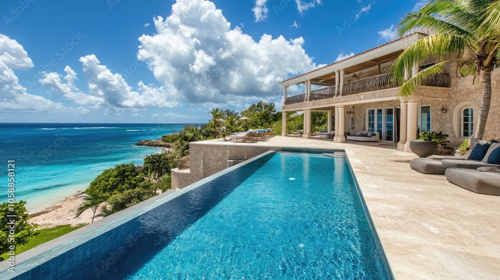 Fototapeta premium Luxury villa with an infinity pool overlooking a tropical beach.