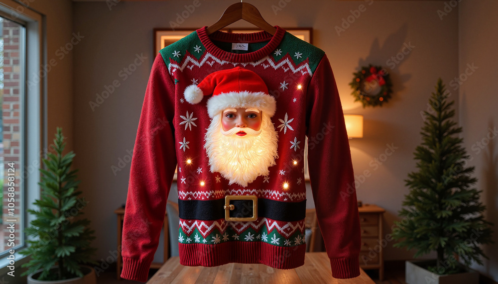 Obraz premium Red Santa Claus Sweater with 3D Beard and Light-Up Details