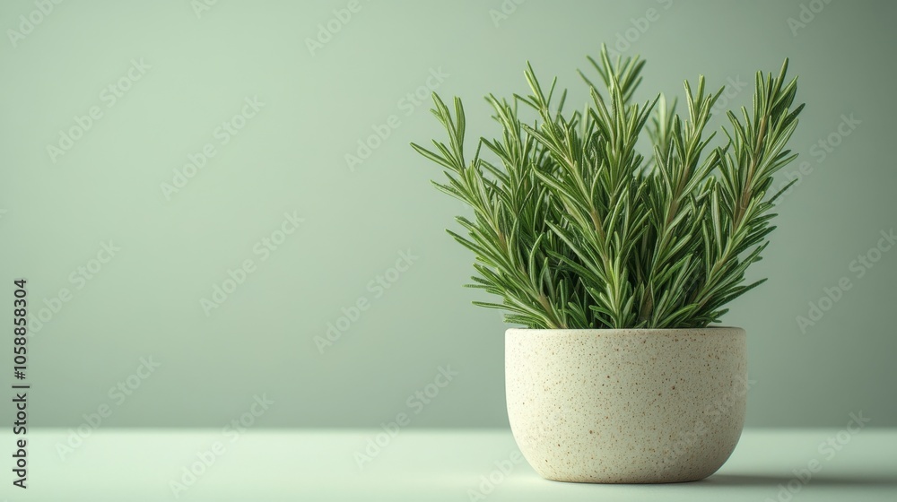 A Potted Rosemary Plant Against a Pale Green Background A Potted Rosemary Plant Against a Pale Green Background