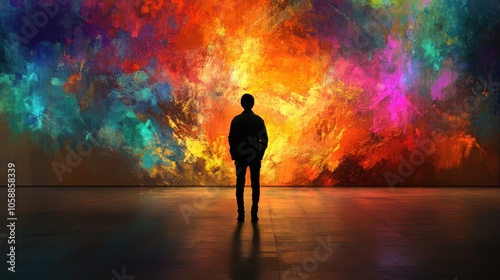 Silhouette of a Man Standing Before a Colorful Abstract Artwork photo