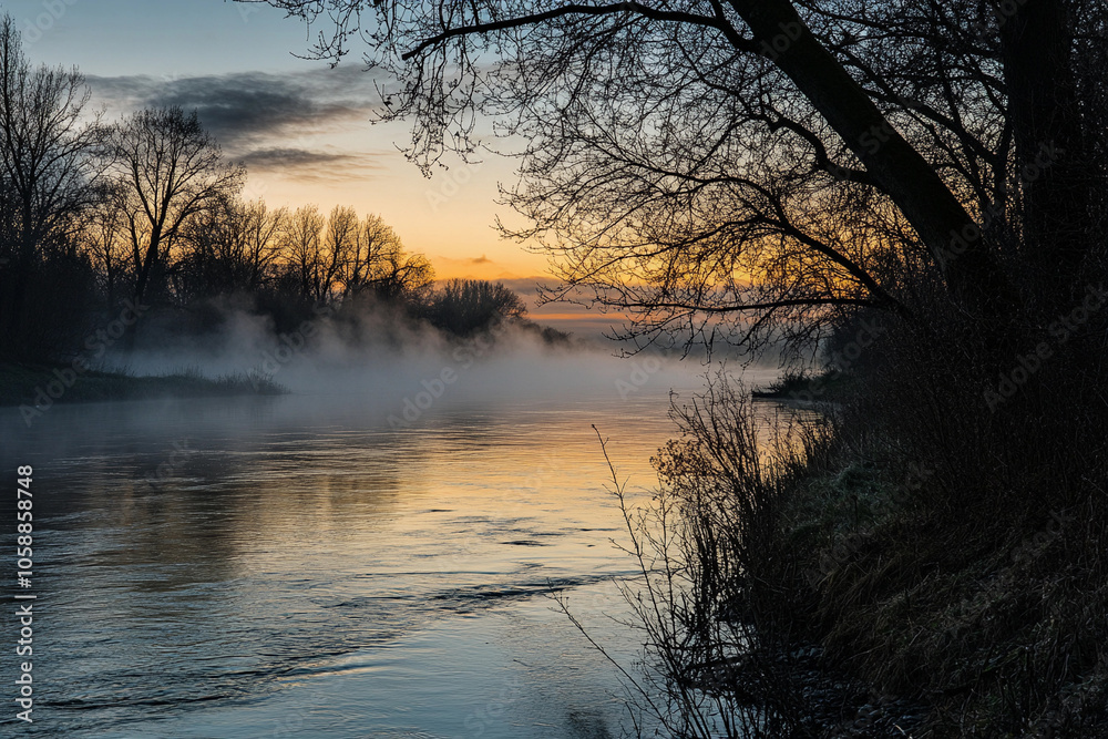 Peaceful sunrise over a misty river landscape in autumn Peaceful sunrise over a misty river landscape in autumn
