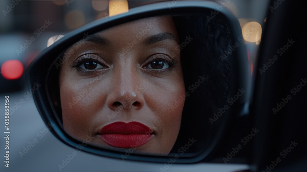 Woman in Car Rearview Mirror with Red Lipstick and Cityscape Reflection Woman in Car Rearview Mirror with Red Lipstick and Cityscape Reflection