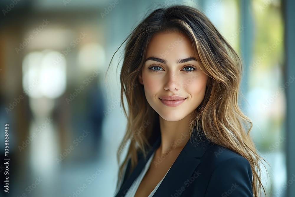 Smiling Woman in Office Attire with Focused Eyes Smiling Woman in Office Attire with Focused Eyes