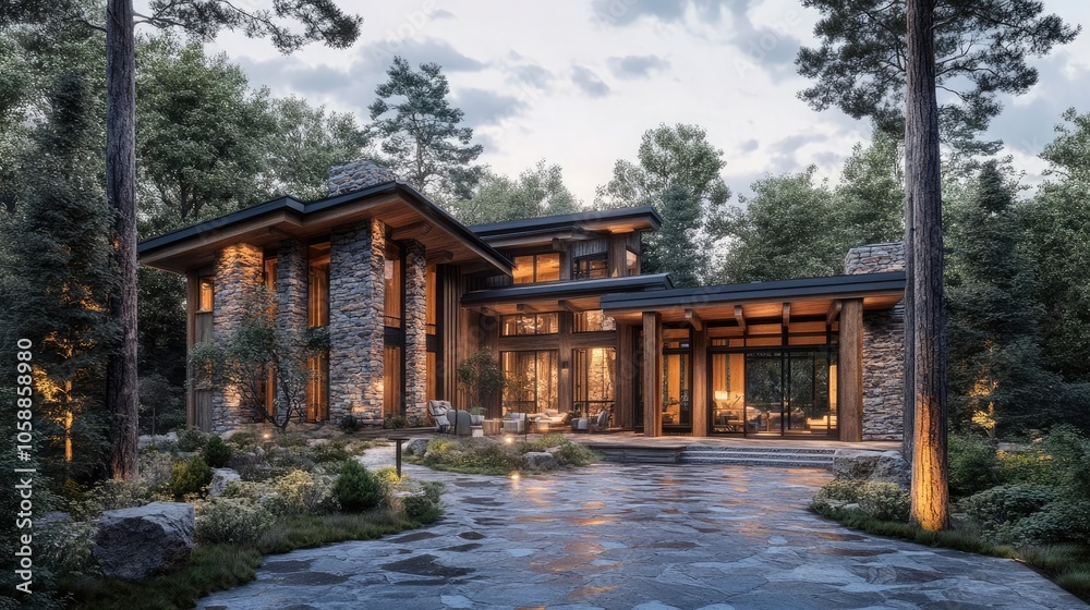 A modern, stone and wood home with large windows overlooking a lush, green forest. A modern, stone and wood home with large windows overlooking a lush, green forest.