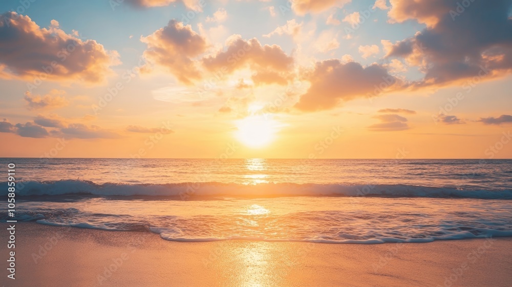 Naklejka premium Sunset silhouette at the ocean creates stunning golden hues, perfect for relaxation. Ideal for a tourism vacation or holiday trip, this image captures serene moments, with ample copy space.