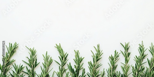 Fresh rosemary twigs are presented against a white background, showcasing their vibrant green color and unique texture, making them visually appealing in that setting.