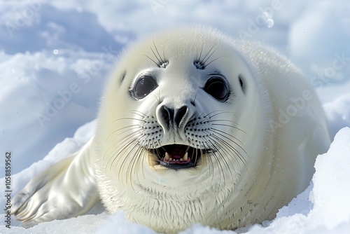 Harp seals are large marine mammals with a sleek body short snout and multiple teeth photo