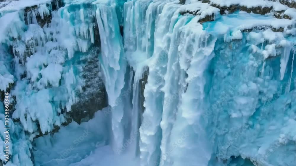 Frozen waterfall with icicles cascading down icy rock face.