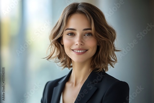 Smiling Young Businesswoman in Black Blazer and Shoulder Length Hair