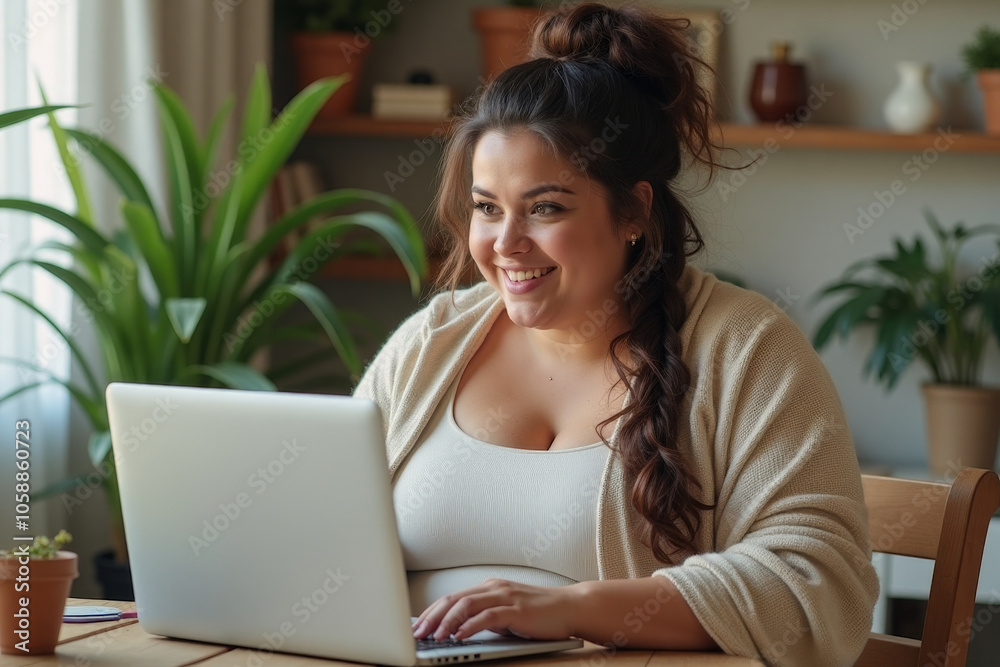 An overweight woman in a light cape with thick curly hair gathered in a high braid works at home at a laptop An overweight woman in a light cape with thick curly hair gathered in a high braid works at home at a laptop
