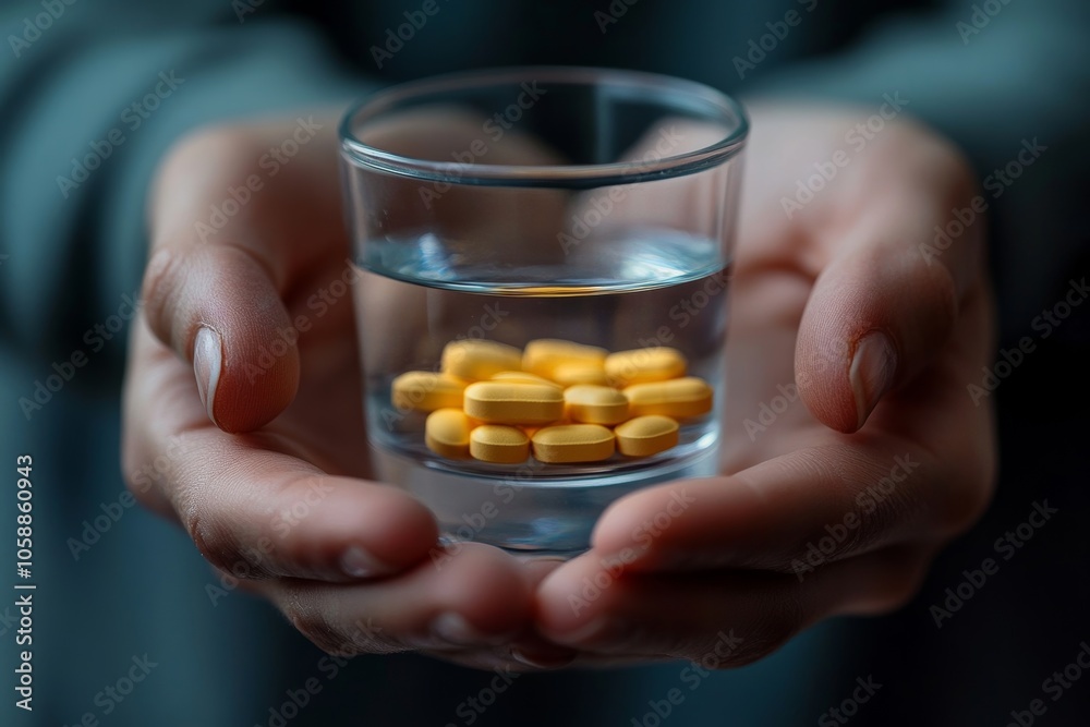 Healthcare Harmony: Close-Up Hands Holding Medication and Water Glass for Optimal Wellness, Pharmaceutical Treatment and mental health treatment, Generative AI Healthcare Harmony: Close-Up Hands Holding Medication and Water Glass for Optimal Wellness, Pharmaceutical Treatment and mental health treatment, Generative AI
