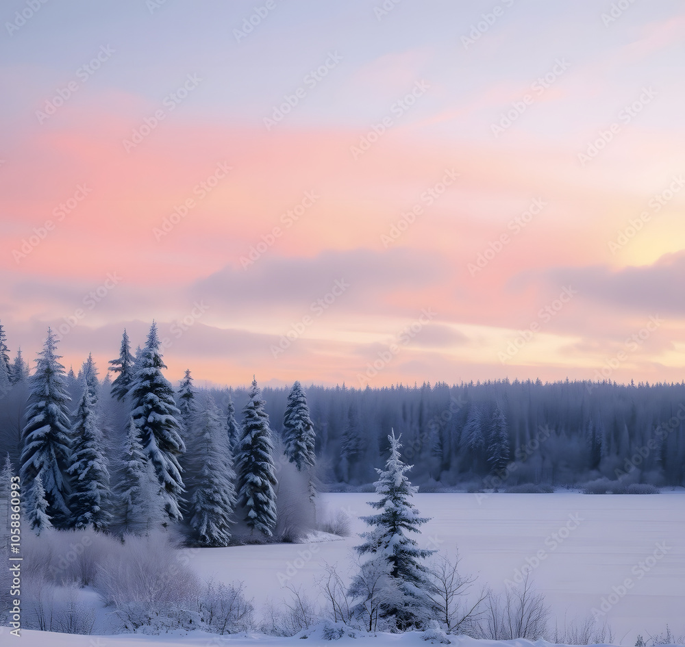 A calm winter landscape with snow covered with snow, and a frozen lake under the pastel sky at dawn. A calm winter landscape with snow covered with snow, and a frozen lake under the pastel sky at dawn.