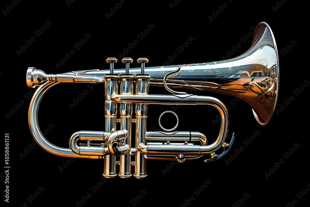 Obraz premium Isolated silver flugelhorn on black with mouthpiece