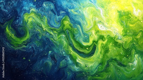 Abstract swirling pattern of green, blue and yellow paint with gold glitter.