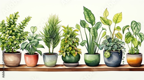 A row of potted plants with green leaves on a wooden shelf against a white background.