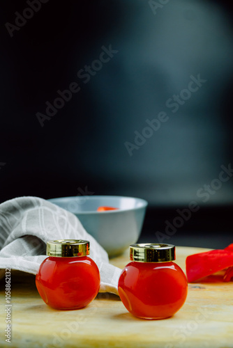 Two jars of red pepper jelly on table