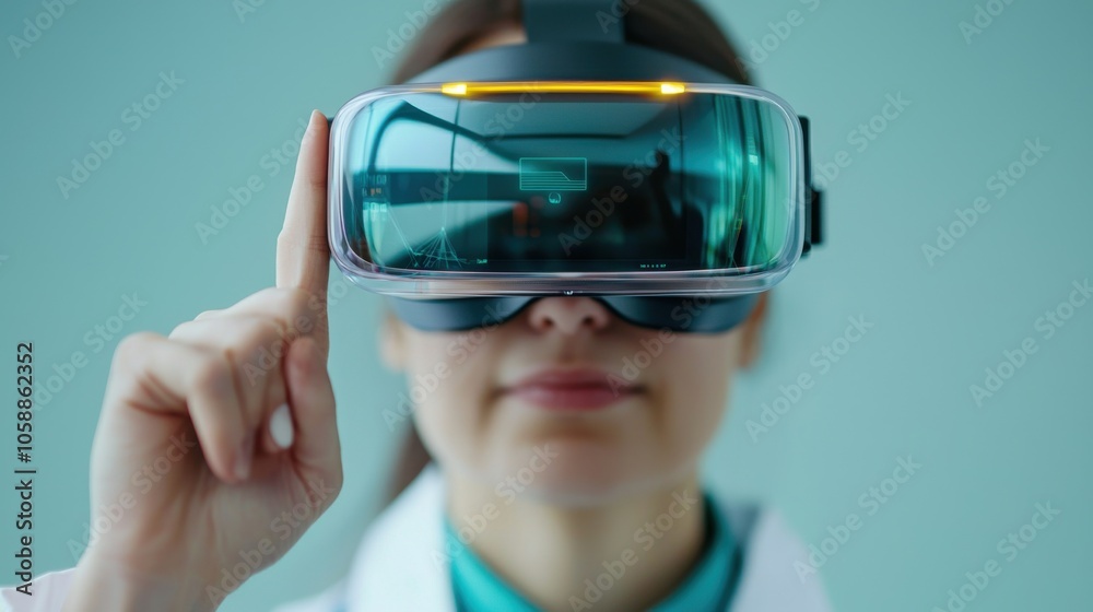 A person wearing virtual reality goggles, signaling with one finger, appears engaged and focused in a high-tech environment. A person wearing virtual reality goggles, signaling with one finger, appears engaged and focused in a high-tech environment.