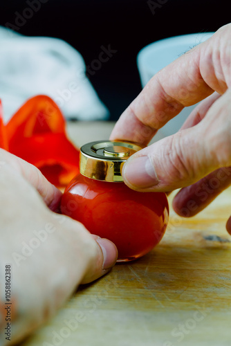 Hands opening one jar of red pepper jelly on table