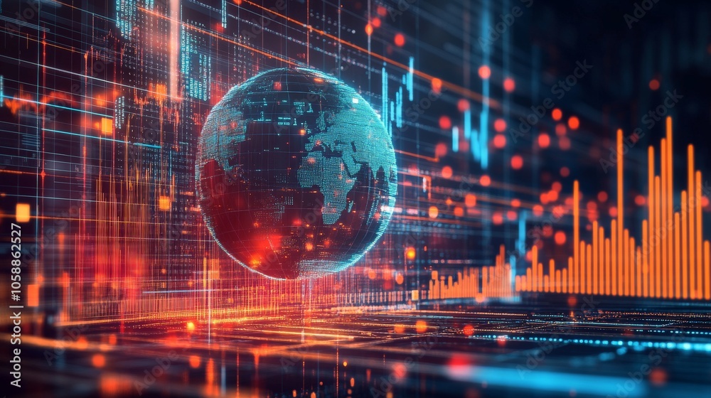 A Digital Globe Emblazoned with Data in a Futuristic Technological Landscape A Digital Globe Emblazoned with Data in a Futuristic Technological Landscape
