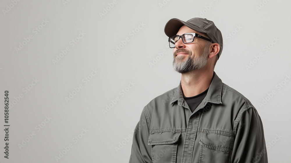Obraz premium Positive emotions displayed by a hopeful handyman in glasses and a cap, gazing upward against a gray backdrop