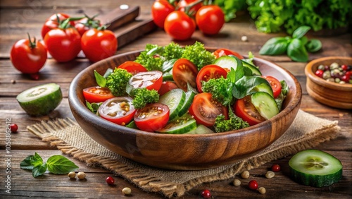 Fresh Salad with Vibrant Tomatoes and Cucumbers Garnished with Herbs - Healthy Eating, Fresh Ingredients, Colorful Vegetables, Nutrient-Rich Meal, Organic Produce, Mediterranean Diet