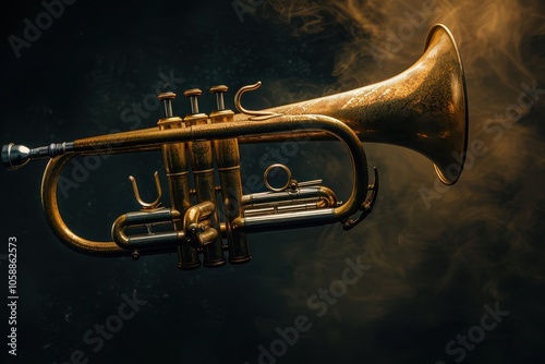 Polished flugelhorn in dim lighting