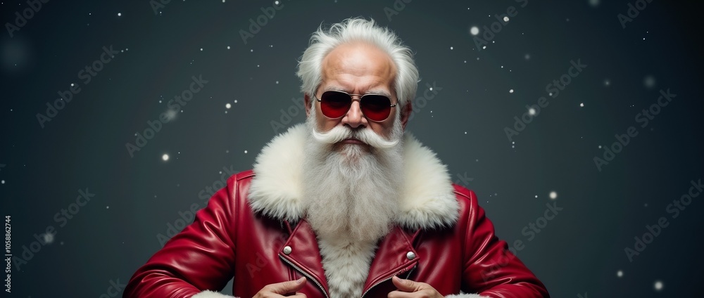 Fototapeta premium A stylish Santa Claus wearing a red jacket and sunglasses stands confidently against a snowy backdrop, embodying a modern and festive spirit. Perfect for holiday and Christmas themed concepts.