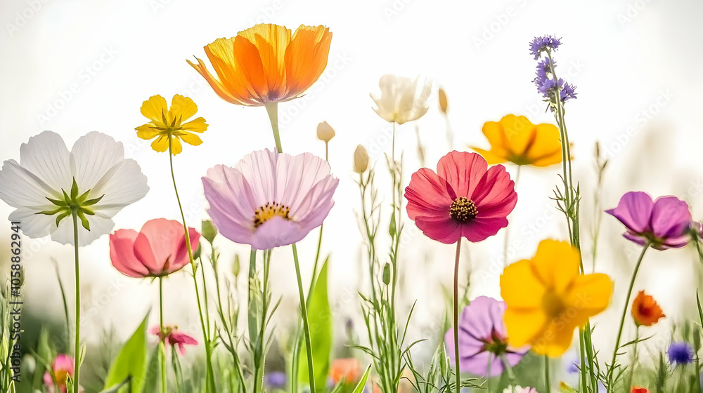 Colorful wildflowers in a field with a white background. Colorful wildflowers in a field with a white background.