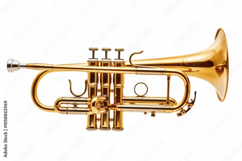 Obraz premium Solo gold trumpet flugelhorn on white background in horizontal format