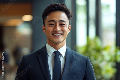 Successful Businessman in a Sharp Navy Blue Suit Smiling