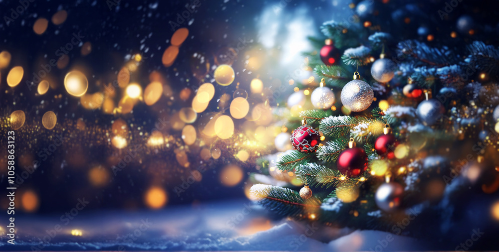 A decorated Christmas tree with red and gold ornaments stands in the snow with a blurry background of falling snow and twinkling lights.