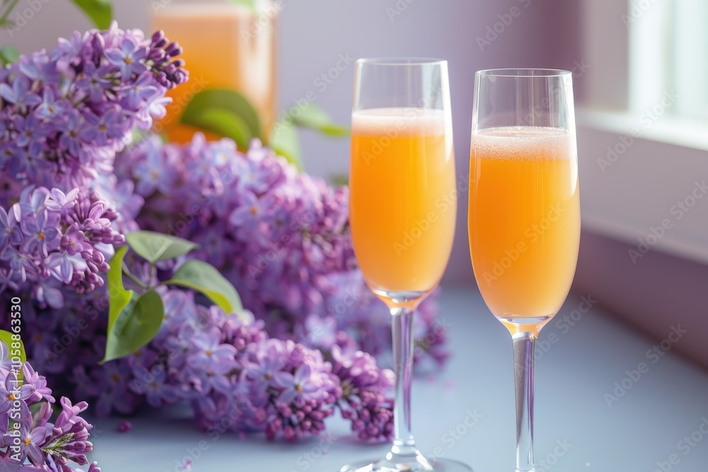 Two glasses of mimosa cocktail and lilac Two glasses of mimosa cocktail and lilac