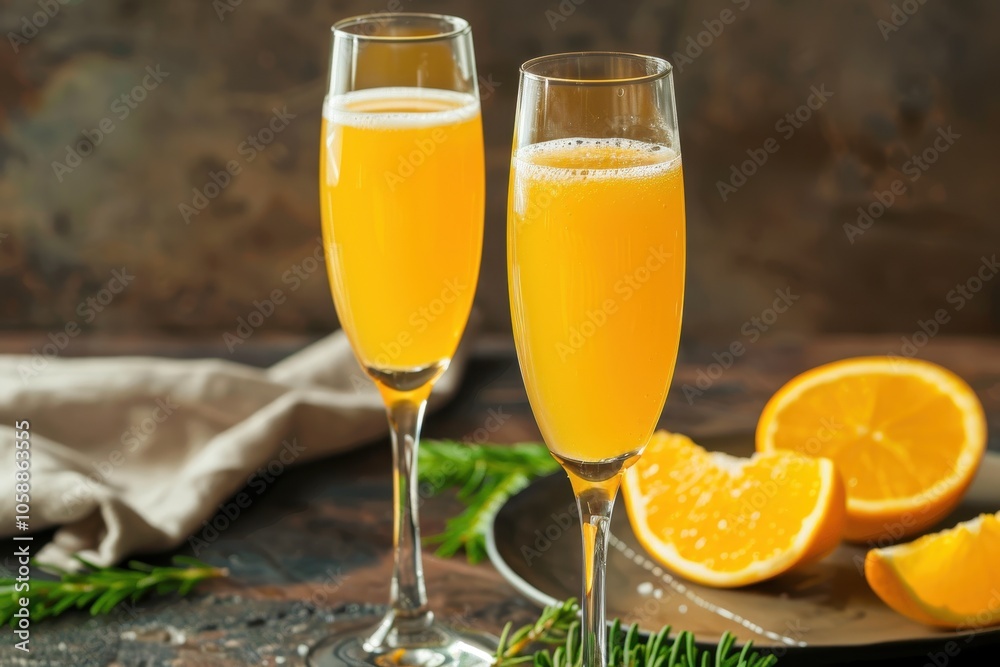 Two mimosa cocktails champagne and orange juice Two mimosa cocktails champagne and orange juice
