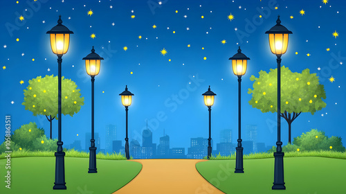 Nighttime cityscape view from a park with lit streetlamps and trees on a path.