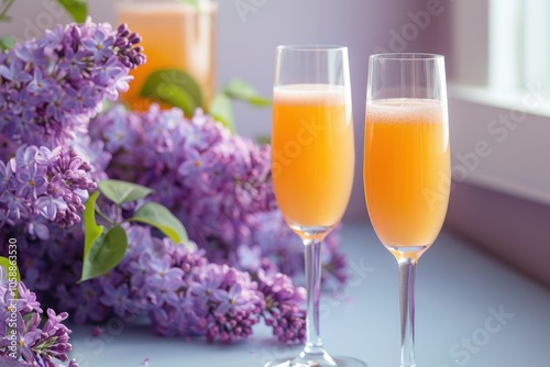 Two glasses of mimosa cocktail and lilac
