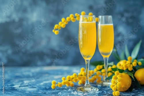 Yellow mimosa flowers and mimosa cocktail on blue table Champagne and orange juice cocktail with low alcohol