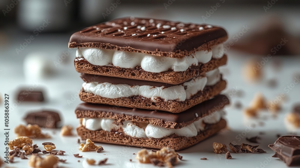 melting s'mores with gooey marshmallow and chocolate, set against a pristine white background, highlighting the deliciousness with an inviting and playful atmosphere melting s'mores with gooey marshmallow and chocolate, set against a pristine white background, highlighting the deliciousness with an inviting and playful atmosphere