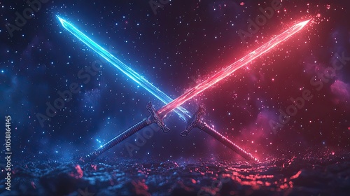 Vector illustration of two crossed light swords in combat, with blue and red lasers intersecting