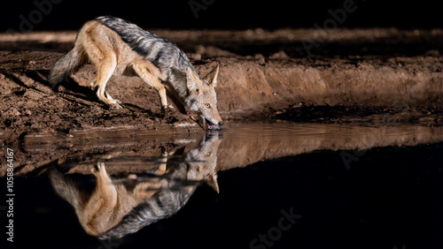 Fotografía a black-backed jackal at the waterhole during nighttime