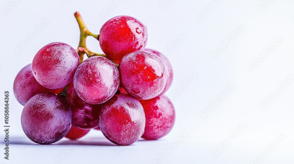 Close-up image of red grape isolated on a clean white background, highlighting the vibrant color and texture of red grape, with ample copy space for design purposes. Close-up image of red grape isolated on a clean white background, highlighting the vibrant color and texture of red grape, with ample copy space for design purposes.